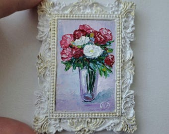 Framed Peonies Miniature Oil Painting: Dollhouse Art, Original Impasto