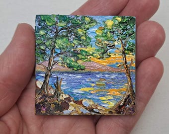 Tahoe Lake Oil Painting: Impasto Sequoia Landscape Art (2x2)