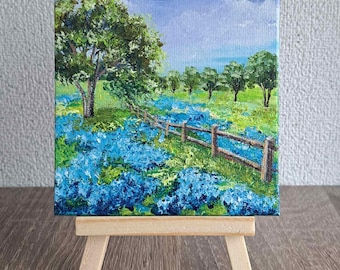 Texas Bluebonnet Painting: 4x4 Original Acrylic Landscape Art