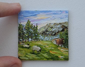 Sheep Painting Ireland landscape Original miniature oil painting Mini Irish Dollhouse miniature art 1.5 by 2 inch Tiny painting