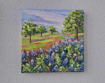 Dipinto a olio Texas Bluebonnet: 6x6 National Park Impasto Art