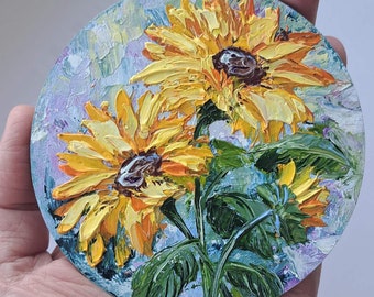 Sunflowers Painting Yellow Flowers  Impasto Round Oil Painting on Canvas Home Decor Fine Art Gift Painting