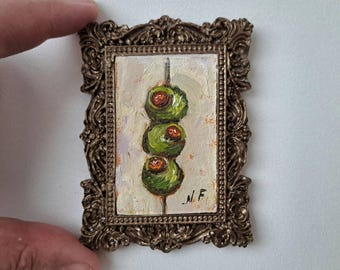 olive Miniature Oil Painting: Framed Kitchen Still Life, Dollhouse Decor