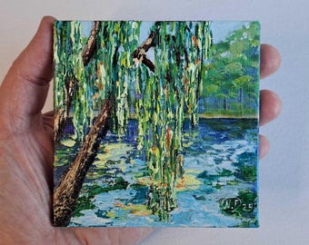 Willow Tree Miniature Painting: Impasto Landscape Art, 4x4" Dollhouse Decor