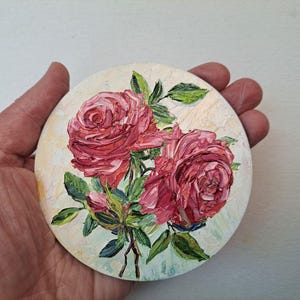 Red Roses Miniature Oil Painting: Impressionist Floral Impasto Art