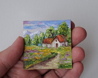 Irish Cottage Impasto Oil Painting: Miniature Dollhouse Art (2x2 inch)