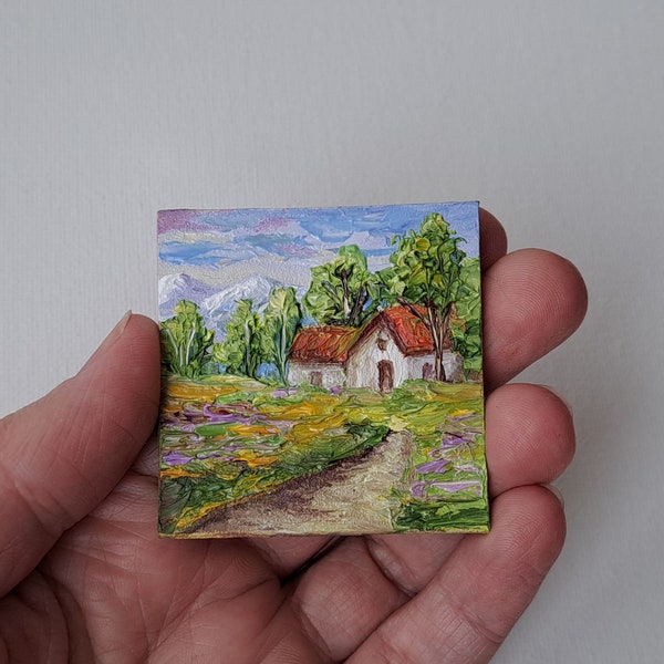 Irish Cottage Painting  Irish Original Art Kinsale Landscape Dollhouse miniature art Impasto Oil  Miniature art 2 by 2 inch Dollhouse decor