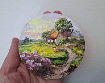 Miniature Irish Cottage Oil Painting: Round landscape canvas