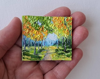 Impasto Autumn Park Oil Painting: Miniature Dollhouse Art (1.8x2 inch)