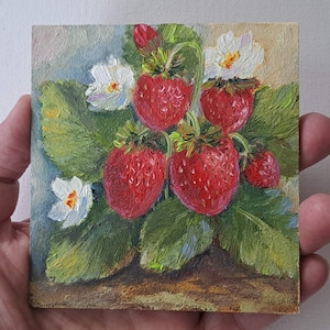 Petite peinture aux fraises, art des petits fruits, petite peinture à l'huile, art original, miniature, décoration d'intérieur, décoration de cuisine, cadeau original