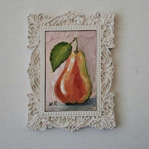 Framed Pear Oil Painting Miniature: Kitchen Still Life, Dollhouse Art