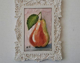 Framed Pear Oil Painting Miniature: Kitchen Still Life, Dollhouse Art
