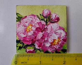 Pink peonies Miniature Oil Painting: Impasto Flower Art 2x2" Dollhouse painting