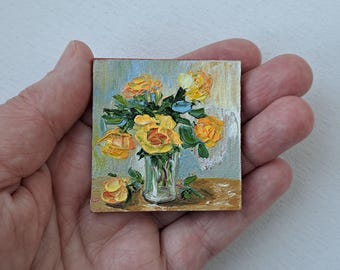 Yellow Roses Painting: Miniature Impasto Oil Art, Dollhouse Decor (2x2)