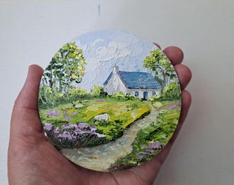 Miniature Irish Cottage Oil Painting: Round landscape canvas