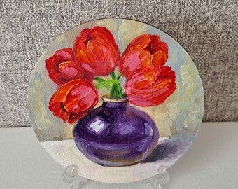 Tulipes rouges rondes, peinture à l'huile sur toile, art empâtement, peinture de fleurs, peinture originale, petit art mural, décoration d'intérieur, art cadeau original