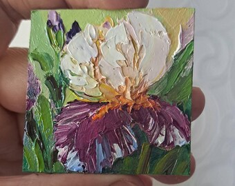 Irises Painting: Original Impasto Oil Mini Art, 2x2" Dollhouse Decor