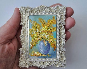 Yellow flowers Miniature Oil Painting: Framed Impasto Floral Art, 2.8x3.8"