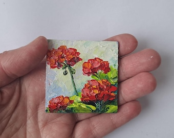 Red Geranium Oil Painting Miniature, Impasto Floral Art (2x2 inches)