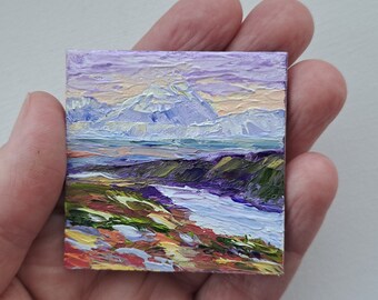 Denali Mountain Painting Alaska Art Landscape Wildflowers Painting for Dollhouse Impasto miniature  Painting Hand Painted Dollhouse Decor