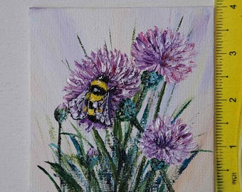 Thistle & Bee Miniature Painting: 4"x4" Original Impasto Art