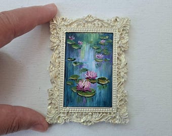 Framed Water Lilies Miniature Oil Painting: Lotus Pond Art