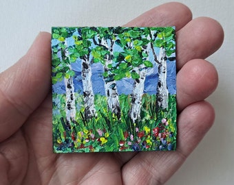 Birch Tree Landscape: Miniature Acrylic Painting, Dollhouse Art (2x2 inches)
