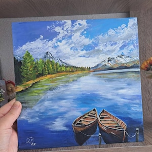 Original Fishing Boat Painting: Lake Landscape Impressionism, 25x25 cm