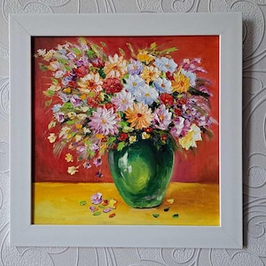 Bouquet of wild flowers in a vase Oil painting Floral abstraction original art 10 by 10 inch Wall Decor Original christmas gift