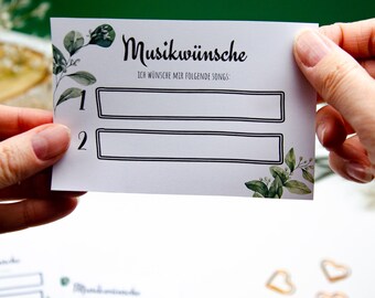 Music request cards for the wedding Greenery | Music requests template digital | Wedding game | Party birthday DJ cards song request