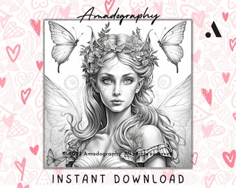 Butterfly Princess Coloring Page • Grayscale Sketch Art (PDF Download)