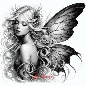 Enchanting Fairy Tale Forest Coloring Pages - Grayscale Printable Fairy Girl Coloring Pages - Adult Coloring Book - Instant Download