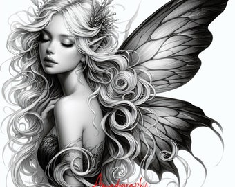 Fairy Girl Coloring Pages - Grayscale Forest Printable (Instant Download)