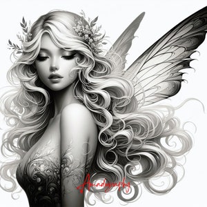 Cute Delicate Fairy Girls Coloring Pages -  Printable Grayscale Coloring Sheets - Enchanting Forest colorin book Scenes - Instant Download