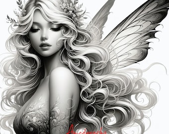 Fairy Girls Coloring Pages - Printable Grayscale Art (Instant Download)