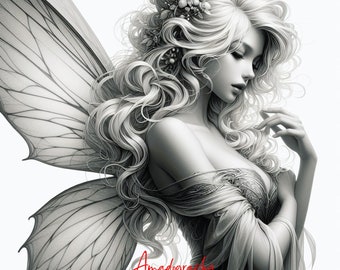 Queen Moon Fairy Coloring Book for Adults – Grayscale Printable (Instant Download)