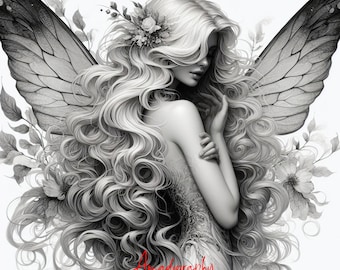 Moon Fairy Coloring Pages - Grayscale Forest Illustration (Instant Download)