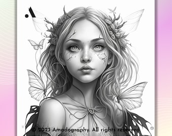 Winged Fairy Girl Coloring Page • Printable Greyscale Art (PDF)
