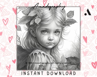Greyscale Forest Girl Coloring Page • Printable Art (PDF)