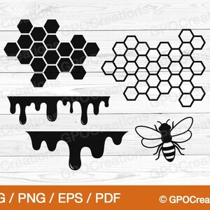 May include: Black and white digital design featuring a honeycomb pattern, dripping honey, and a bee.  The design is perfect for crafting projects, scrapbooking, and more.
