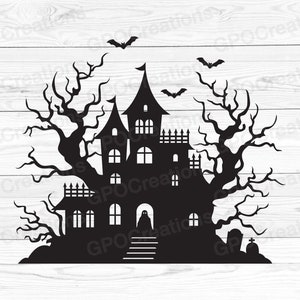 Casa stregata di Halloween SVG, Silhouette casa stregata di Halloween, Casa spettrale SVG, Pipistrelli Svg, SVG Halloween, Casa stregata Png, Halloween Svg