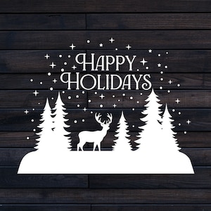 Kerst SVG, Happy Holidays SVG, kerst ornamenten SVG, Svg Kerstmis, pijnbomen, winters tafereel Svg, besneeuwde kerstscène gesneden bestand Dxf