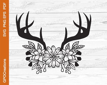 Floral Deer Antlers SVG, Flowers SVG, Deer Flowers SVG, Boho Svg, Deer Antlers Svg, Floral Svg, Deer Svg, Deer Antlers Cut File, Antlers Svg