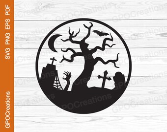 Halloween Graveyard SVG, Spooky Graveyard Cemetery Png Clipart Cut File, Zombie Hand SVG, Bat SVG, Graveyard Silhouette, Cemetery Svg