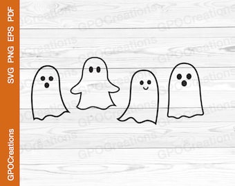 May include: Four black and white cartoon ghosts with different facial expressions. The ghosts are outlined in black and have simple features.