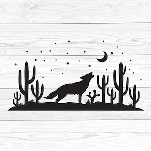 Scène du désert SVG, SVG Coyote, cactus SVG, Svg paysage désertique, désert couper fichier, Svg désert, Png désert, des cliparts désert, Svg coyote hurlant