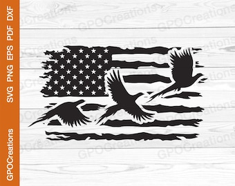 May include: A distressed American flag design with three black silhouettes of pheasants flying in front of it.