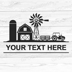 May include: Black and white silhouette of a farm scene with a barn, silo, windmill, tractor, and a wagon. The text "YOUR TEXT HERE" is below the image.