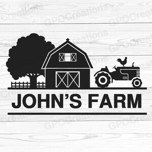 May include: Black and white silhouette of a farm scene with a barn, a tree, a tractor, and a rooster. The text "JOHN'S FARM" is below the image.