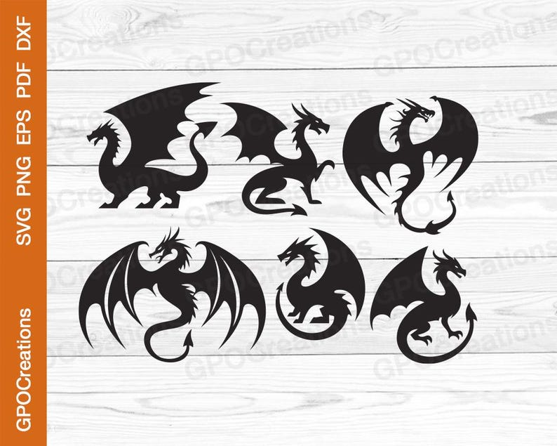 K&ouml;nnte beinhalten: Sechs schwarze Silhouette-Bilder von Drachen mit Fl&uuml;geln in verschiedenen Posen. Die Drachen sind in verschiedene Richtungen gewandt und haben unterschiedliche Fl&uuml;gelpositionen.